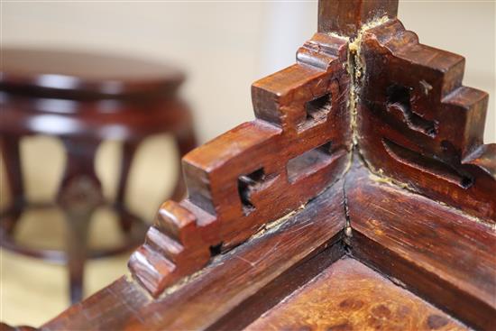 A Chinese cabriole leg wood stand and a rosewood and burr wood stand longest 30.5cm